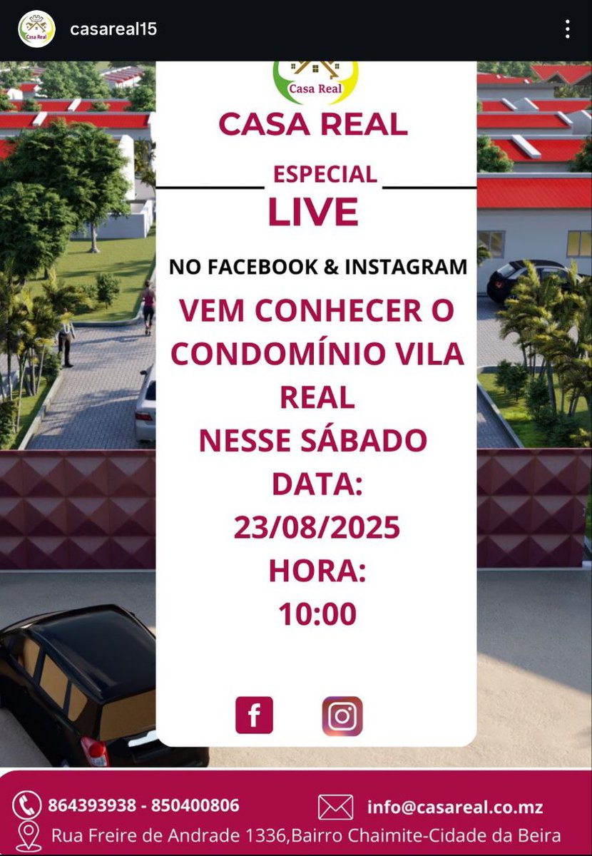 🚨 Tomorrow 8 AM UTC! 🚨

Casa Real goes live on IG &amp; FB 🎥
👉 Topic: Rent-to-Own Housing in Mozambique 🏠
(Language 🇵🇹 Portuguese)

➡️ Tune in on the official Casa Real channels!
IG: instagram.com/p/DNiWm6CIkMj/…
FB: facebook.com/casareal13

#Empowa #affordablehousing