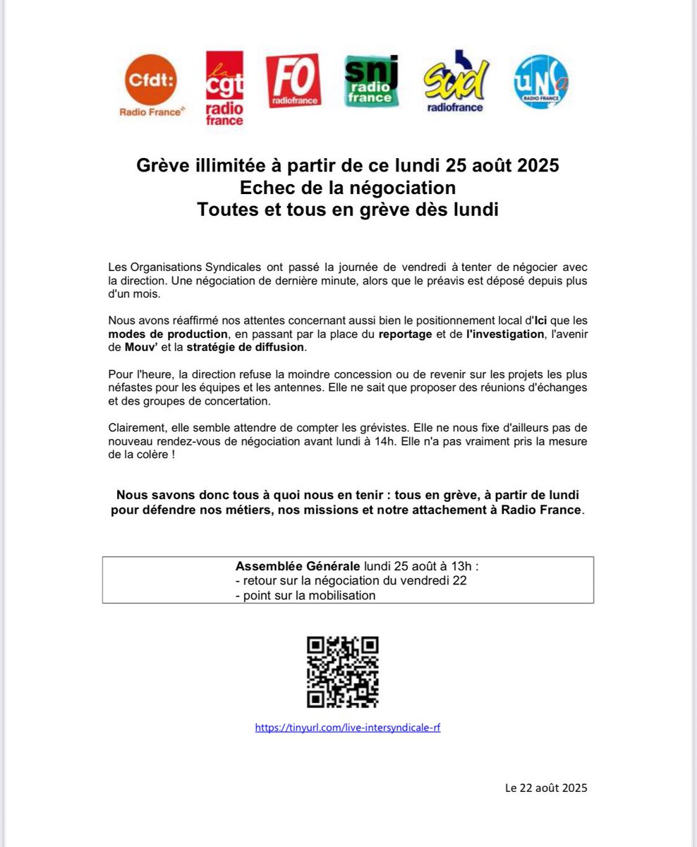 Après l’échec des discussions avec la direction de Radio France, l’ensemble des syndicats des radios publiques appellent à une grève illimitée à partir de ce lundi.
Il n’y aura peut être pas de rentrée à Radio France !