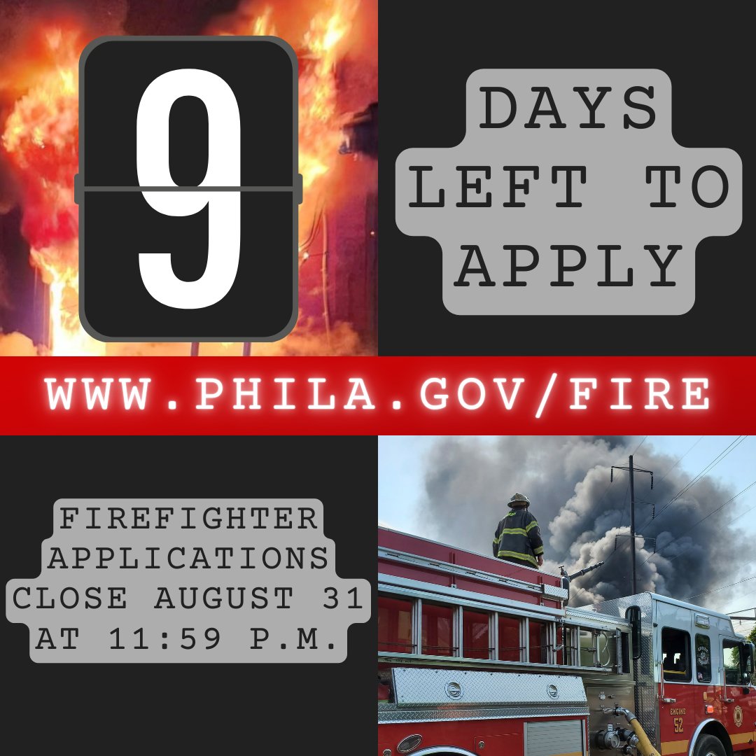 PhillyFireDept's tweet image. 🚒🚑You&apos;ve got nine days left to apply during this firefighter recruitment period. Applications won&apos;t open again until 2027. Visit Phila.gov/fire to read the FAQ &amp;amp; shoot your shot to join #Phillysbravest