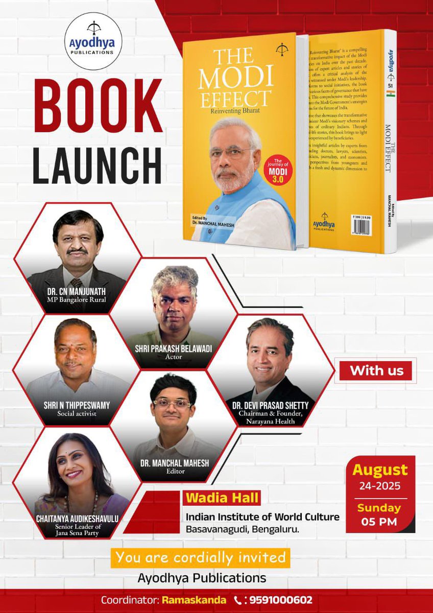 DrCNManjunath's tweet image. Honoured to have been invited for launch of the book “The Modi Effect – Reinventing Bharat” authored by @manchal_mahesh avaru on 24th August 2025.
This book, with its insightful articles and narratives of change, reflects the transformative journey of our nation under the…