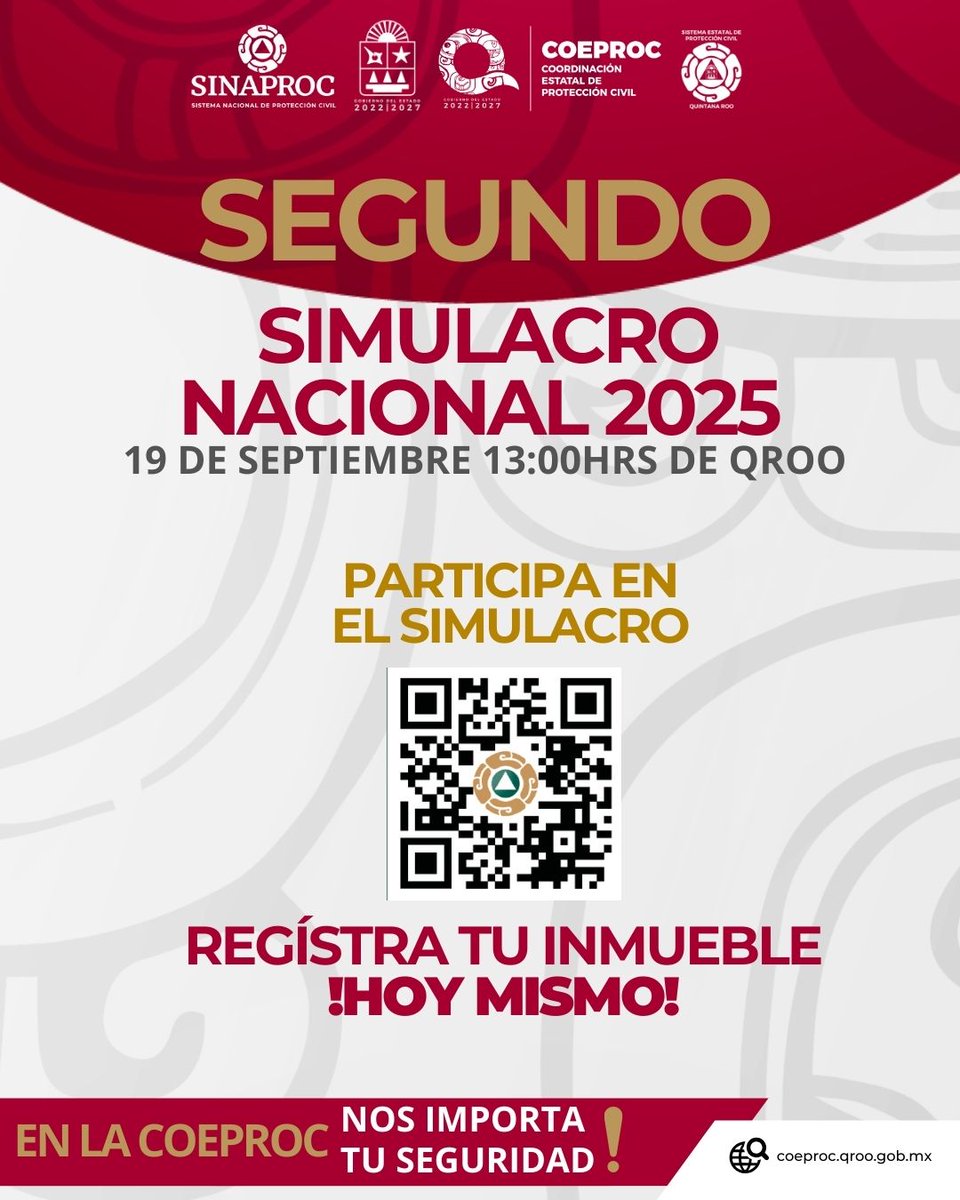 🚨 ¡#QuintanaRoo se suma al #SegundoSimulacroNacional2025!

<a href="/ProtCivil_QRoo/">Coordinación Estatal de Protección Civil QRoo</a> les invita a sumarse al ejercicio preventivo con hipótesis de #huracán en #QuintanaRoo. 🌪🌴

📢 Pueden registrar su inmueble en 👉 preparados.gob.mx/segundosimulac…

✨ ¡Fortalezcamos juntos la cultura de la