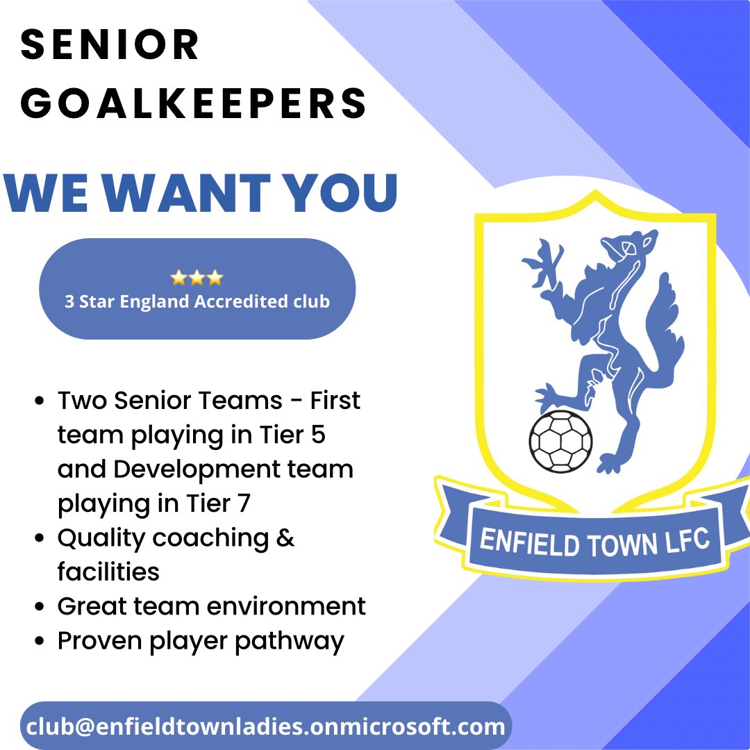 📣SENIOR GOALKEEPERS WANTED📣

We are looking for committed &amp; talented goalkeepers to add to our senior squads.

Are you looking for a new club, new challenge? 

If interested or would like further information get in touch today 🔵⚪️
📧club@enfieldtownladies.onmicrosoft.com