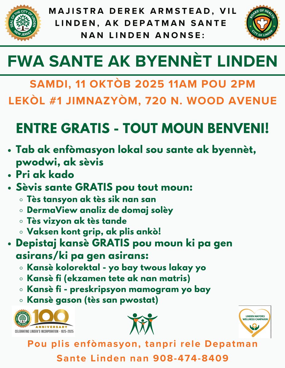 Linden_DoH's tweet photo. 🎉 Pa rate Fwa Sante ak Byennèt nan Linden!
📅 11 Oktòb 2025
📍 720 N. Wood Avenue
🕒 11AM–2PM
✅ Tcheke sante gratis
✅ Konsèy byennèt
✅ Kado &amp; plis ankò!
Vini ak fanmi w pou pran swen sante w! 💚
#LindenSante #FwaByennet https://t.co/YAokdNmQem