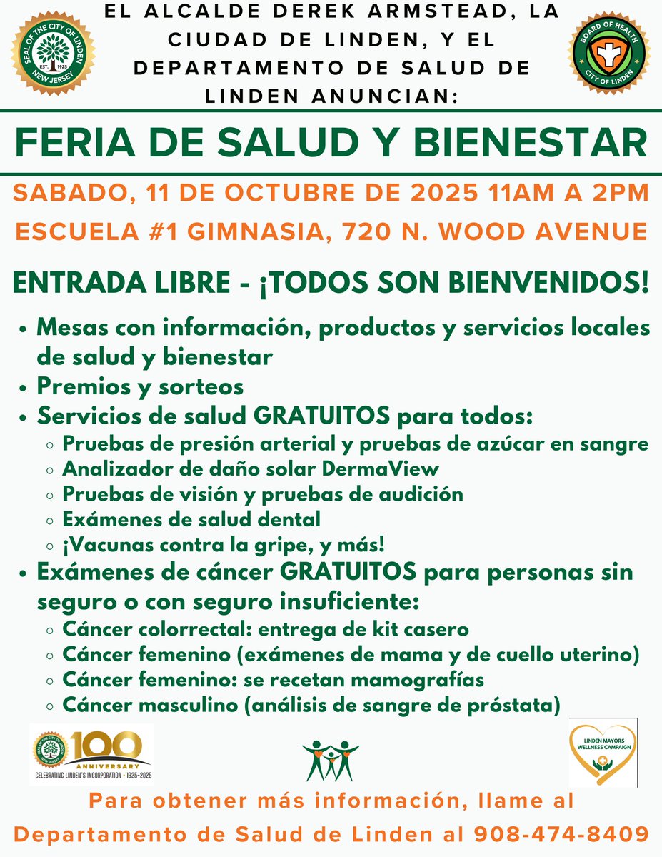 Linden_DoH's tweet photo. 🎉 ¡No te pierdas la Feria de Salud y Bienestar en Linden!
📅 11 de octubre de 2025
📍 720 N. Wood Avenue
🕒 11:00 a.m. – 2:00 p.m.
✅ Exámenes de salud gratis
✅ Consejos de bienestar
✅ Regalos y más
¡Ven con tu familia! 💚
#SaludLinden #FeriaDeSalud https://t.co/BpCgbgRSJr