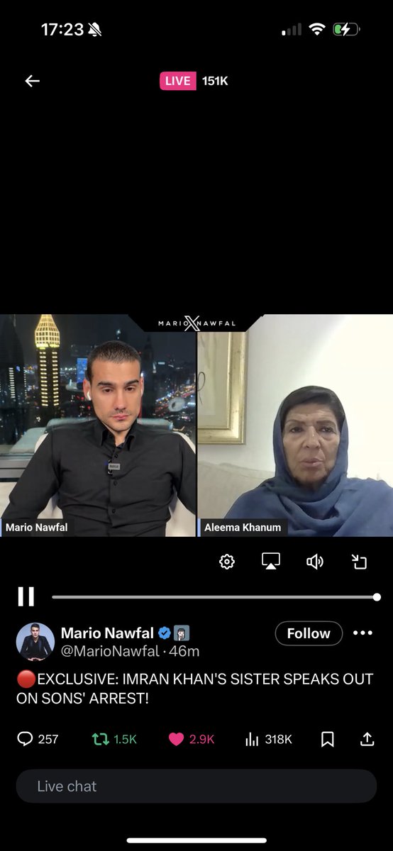 Ammar (@ammar_mian) on Twitter photo 150k people are watching live <a href="/Aleema_KhanPK/">Aleema Khanum</a> interview with <a href="/MarioNawfal/">Mario Nawfal</a> This regime will never succeed, writing is on the wall but Dictator Asim Munir is blind. 150k people are watching live <a href="/Aleema_KhanPK/">Aleema Khanum</a> interview with <a href="/MarioNawfal/">Mario Nawfal</a> This regime will never succeed, writing is on the wall but Dictator Asim Munir is blind.
