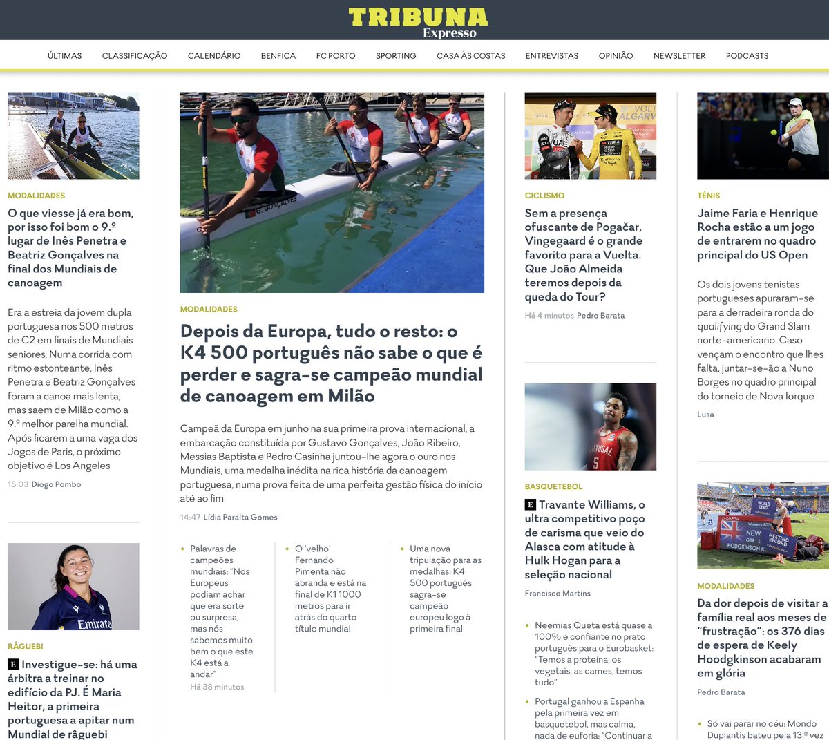 Pedro Barata (@pbarata95) on Twitter photo Às vezes é preciso elogio em causa própria. Entra-se na <a href="/TribunaExpresso/">Tribuna Expresso</a> e há canoagem, atletismo, râguebi, ciclismo, basquetebol, ténis, há masculino e feminino. Há entrevistas e reportagens com protagonistas diversos, há crónicas e reflexões sobre o futebol português. Sabe bem. Às vezes é preciso elogio em causa própria. Entra-se na <a href="/TribunaExpresso/">Tribuna Expresso</a> e há canoagem, atletismo, râguebi, ciclismo, basquetebol, ténis, há masculino e feminino. Há entrevistas e reportagens com protagonistas diversos, há crónicas e reflexões sobre o futebol português. Sabe bem.