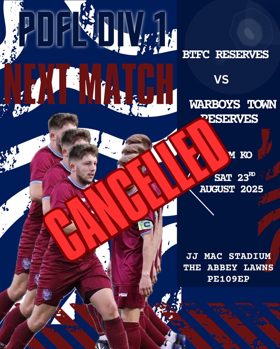 BTFCreserves's tweet photo. Unfortunately, due to Warboys not being able to raise a team, tomorrows match has been cancelled. Thanks for your ongoing support and we will see you all on Wednesday for another mid week game ⚽️⚽️⚽️

#cancelled 
#thankyouforyoursupport❤️ https://t.co/w87FcSRl41