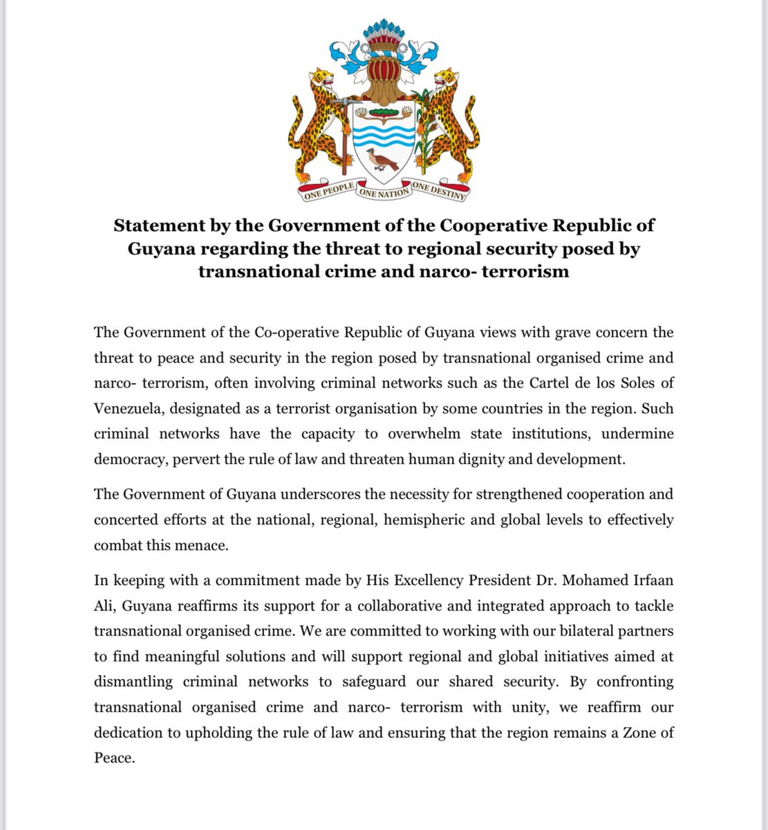 Robert M Persaud (@persaudrobert) on Twitter photo Guyana supports firm action against destabilising narco-terrorism cartel in the hemisphere Guyana supports firm action against destabilising narco-terrorism cartel in the hemisphere
