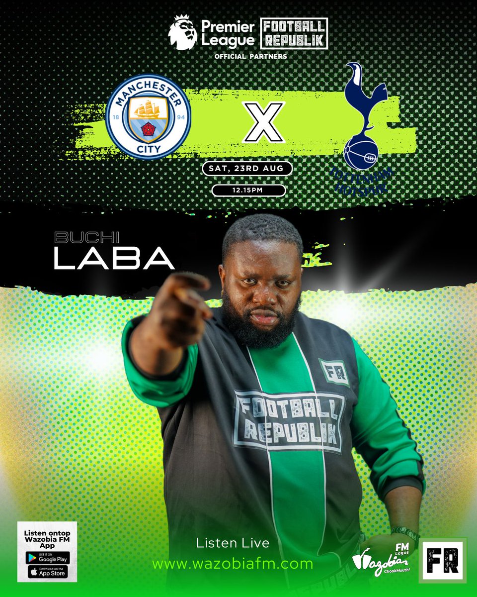 TheRepublikans's tweet image. EPL MD2, #Therepublikans offer pidgin commentary for key matches.

Join 🎙 @Buchi_Laba , @iamsexyjoe , @AttahEmmydance , &amp;amp; @Duchessofsports  on @wazobiafmlagos:

🔥 MCFC vs Spurs
🔥 Brentford vs AVFC
🔥 AFC vs Leeds

#EPL #NaijaCommentary #FootballRepublik