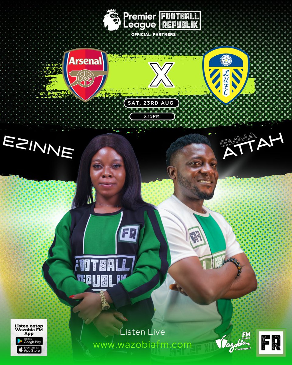 TheRepublikans's tweet image. EPL MD2, #Therepublikans offer pidgin commentary for key matches.

Join 🎙 @Buchi_Laba , @iamsexyjoe , @AttahEmmydance , &amp;amp; @Duchessofsports  on @wazobiafmlagos:

🔥 MCFC vs Spurs
🔥 Brentford vs AVFC
🔥 AFC vs Leeds

#EPL #NaijaCommentary #FootballRepublik