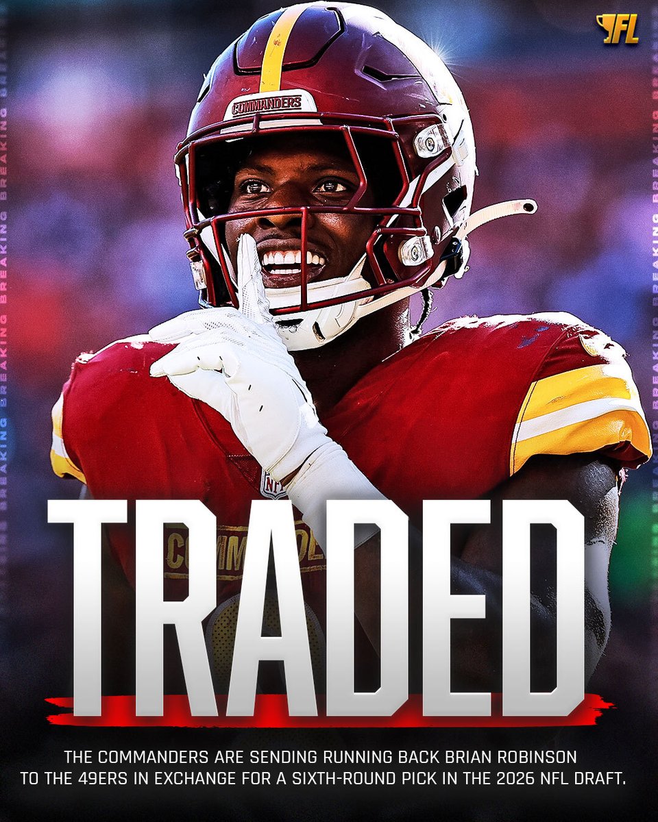 MBFantasyLife's tweet image. CMC has a new backup! 👀

The Commanders are trading Brian Robinson Jr. to the 49ERS for a 2026 6th-round pick, per @AdamSchefter!

Do you like this trade for both sides?