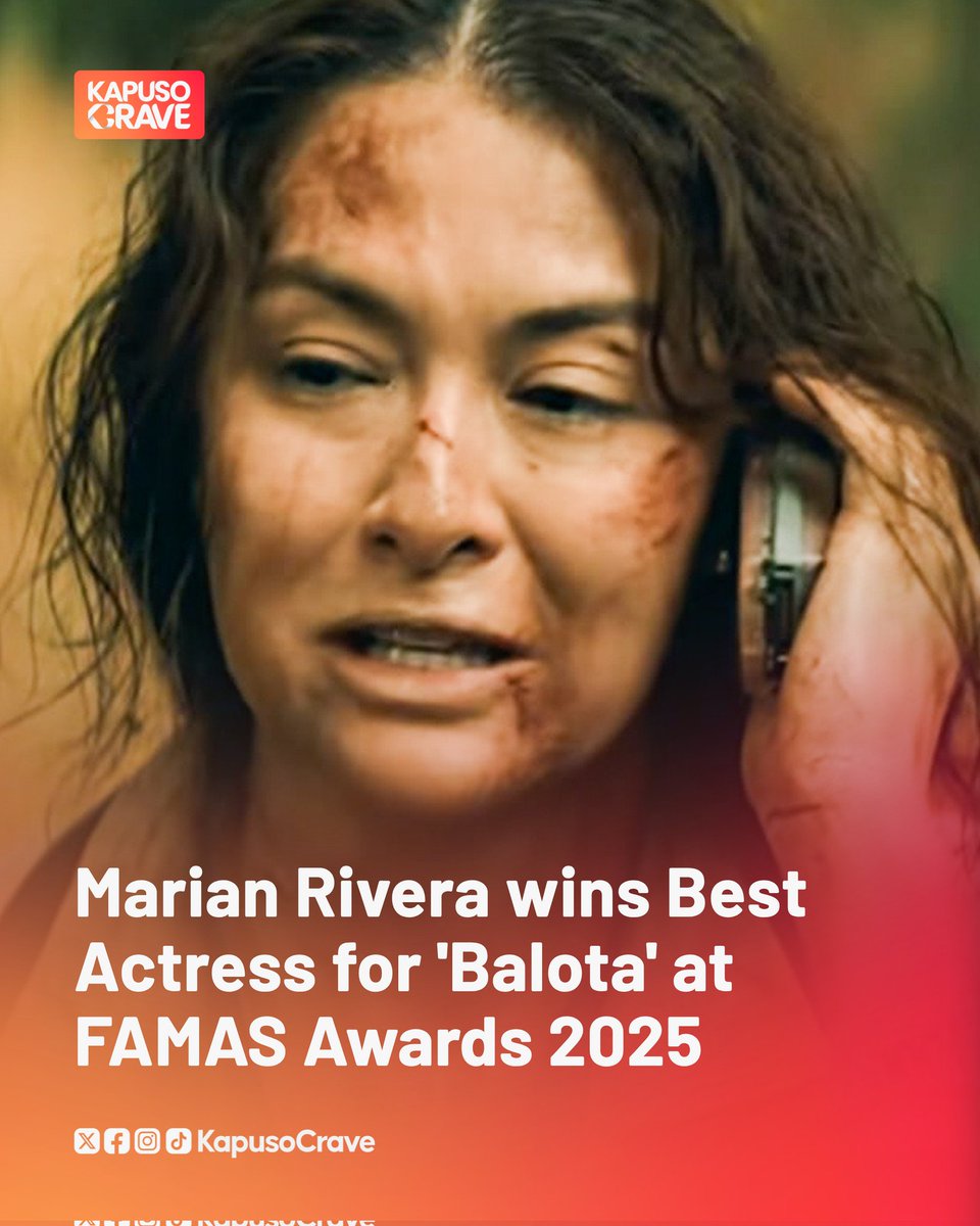 KapusoCrave's tweet photo. CONGRATULATIONS, MARIAN! 👏🏻

Kapuso Primetime Queen and Box Office Queen Marian Rivera won Best Actress at the 73rd FAMAS Awards 2025 for her performance as Teacher Emmy in 'Balota.'

#FAMAS2025 #MarianRivera #Balota https://t.co/kNeslpQNNH