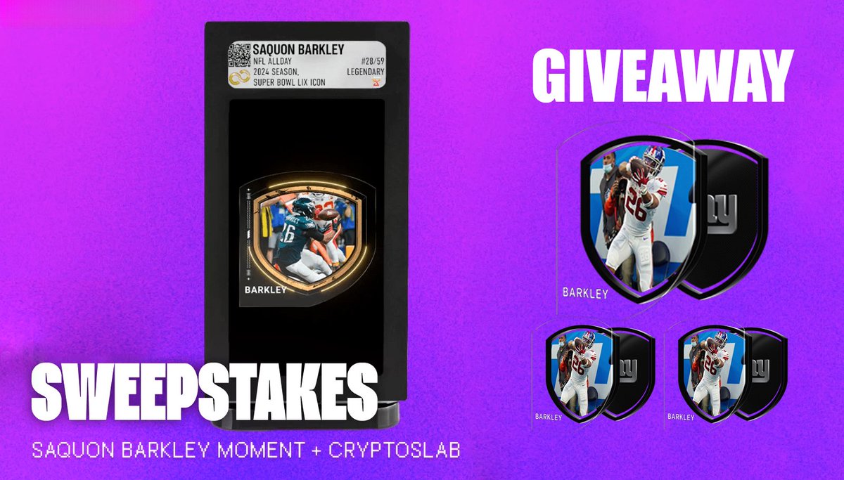 Diamond (@diamondnfl) on Twitter photo Flow Rewards Sweepstakes & Giveaway ๐
This Legendary Saquon Barkley Moment will be extremely useful this season in @NFLAllDay Playbook and the winner will receive a matching <a href="/CryptoSlabs/">CryptoSlabs</a>!
โค๏ธ Like & Share
๐ Enter the Sweepstakes with at least 1 point and post wallet below! Flow Rewards Sweepstakes & Giveaway ๐
This Legendary Saquon Barkley Moment will be extremely useful this season in @NFLAllDay Playbook and the winner will receive a matching <a href="/CryptoSlabs/">CryptoSlabs</a>!
โค๏ธ Like & Share
๐ Enter the Sweepstakes with at least 1 point and post wallet below!