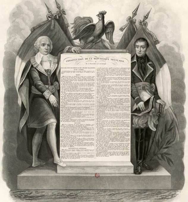 1792_1815's tweet image. 22 août 1795 La #Convention adopte la constitution de l’an III. Elle établit le bicamérisme : un Conseil des Cinq-Cents et un Conseil des Anciens. Le pouvoir exécutif est confié à un #Directoire de 5 membres (#Barras, #LaRéveillièreLépaux, #Reubell, #Carnot, #LeTourneur).