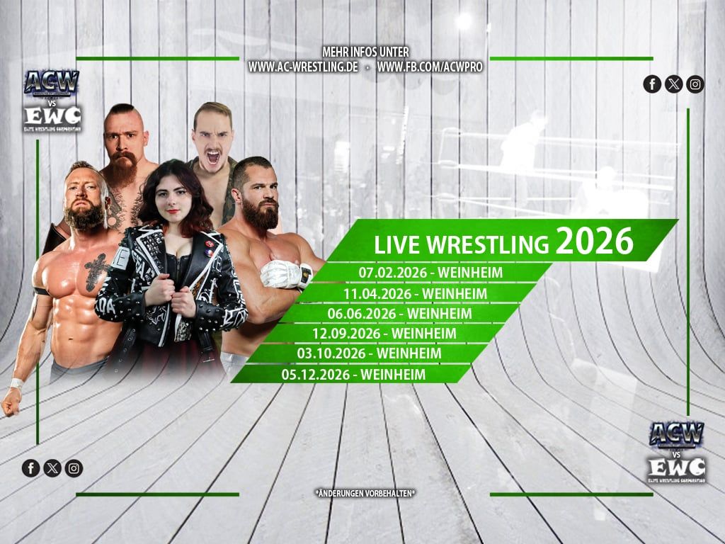 *** ACW Event-Termine im Jahr 2026 !! ***

Liebe ACW Fans,
in diesem Jahr stehen noch insgesamt drei Veranstaltungen auf dem Plan, wovon wir für einen dieser Events in Kürze etwas Besonderes verkünden dürfen!
Seid gespannt!!...

facebook.com/photo/?fbid=11…

#Wrestling #Weinheim