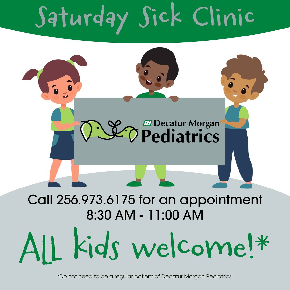 Saturday Sick Clinic at Decatur Morgan Pediatrics!   
Kids don’t always wait for weekdays to feel under the weather - that’s why we’re here!  Our Sat Sick Clinic is open to ALL children, whether you’re a DM Pediatrics patient or see another provider.
bit.ly/3JscZKo