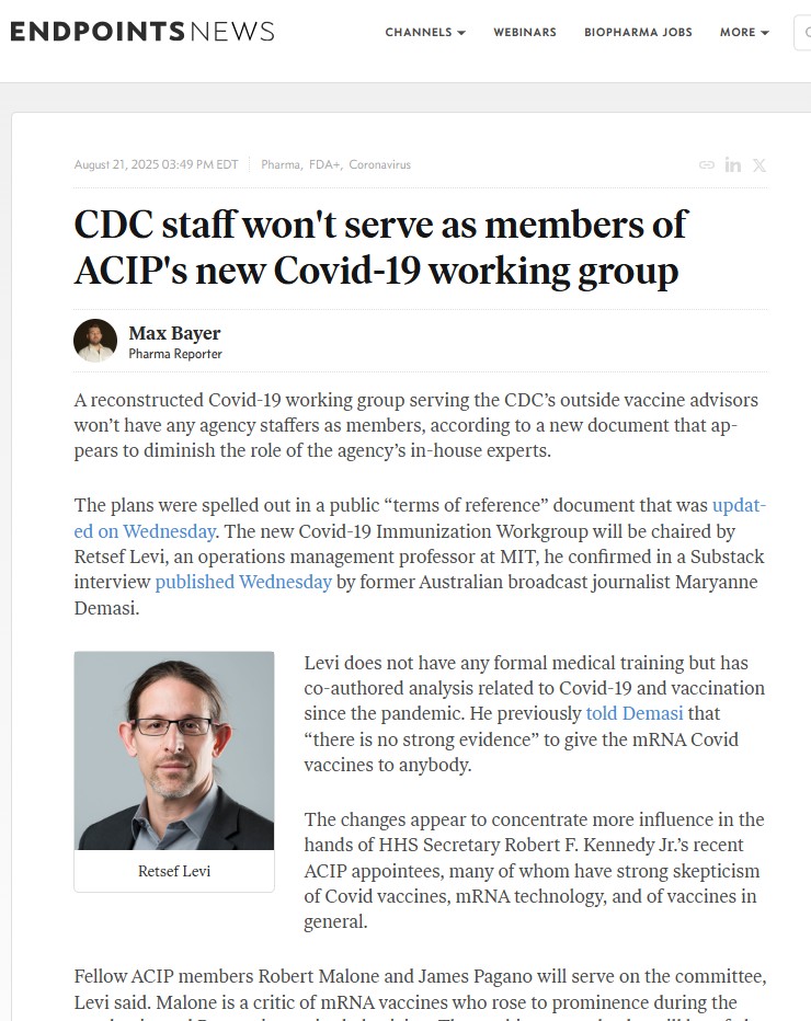 Endpoints: CDC staff won't serve as members of ACIP's new Covid-19 working group  

by Max Bayer   <a href="/maxonwifi/">Max Bayer</a> 

bit.ly/4lHx2Si