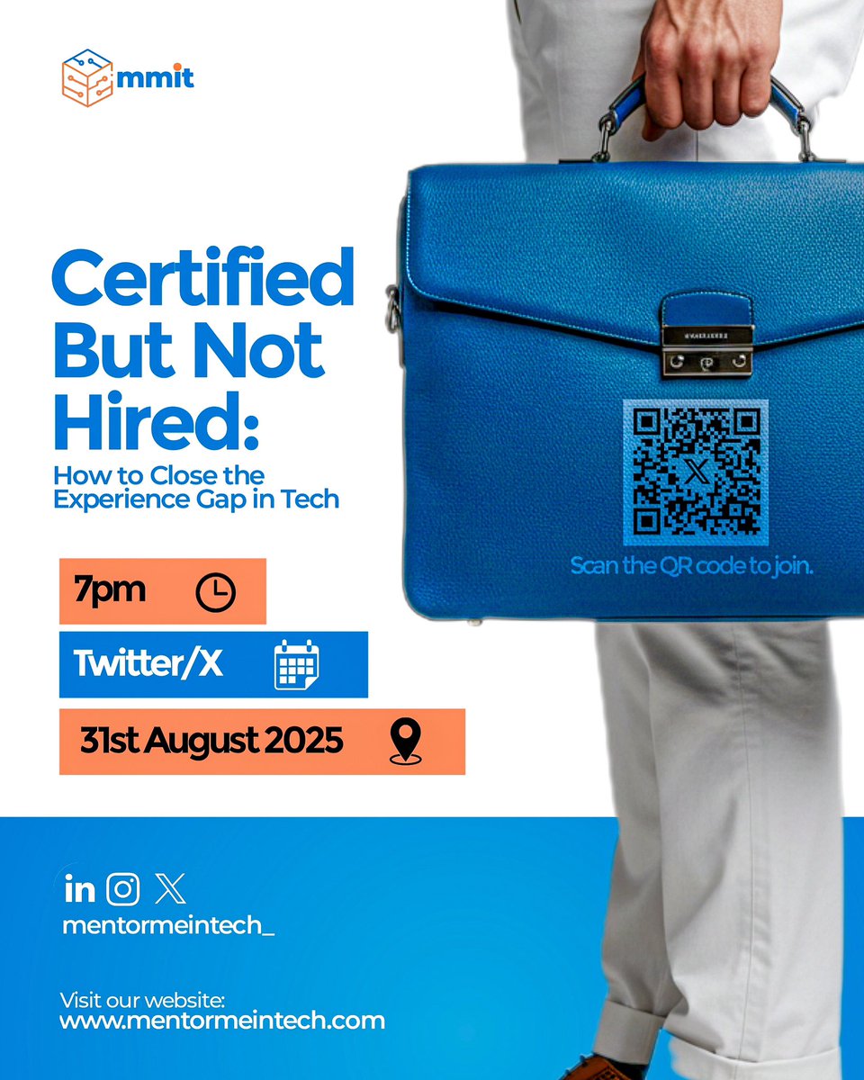 mentormeintech's tweet image. Certified but not hired? 🤔 

Let’s fix that.

Join us 31st Aug | 7PM (WAT) on X as we discuss how to close the experience gap in tech 🚀

#MentorMeInTech #CertifiedButNotHired #TechWebinar