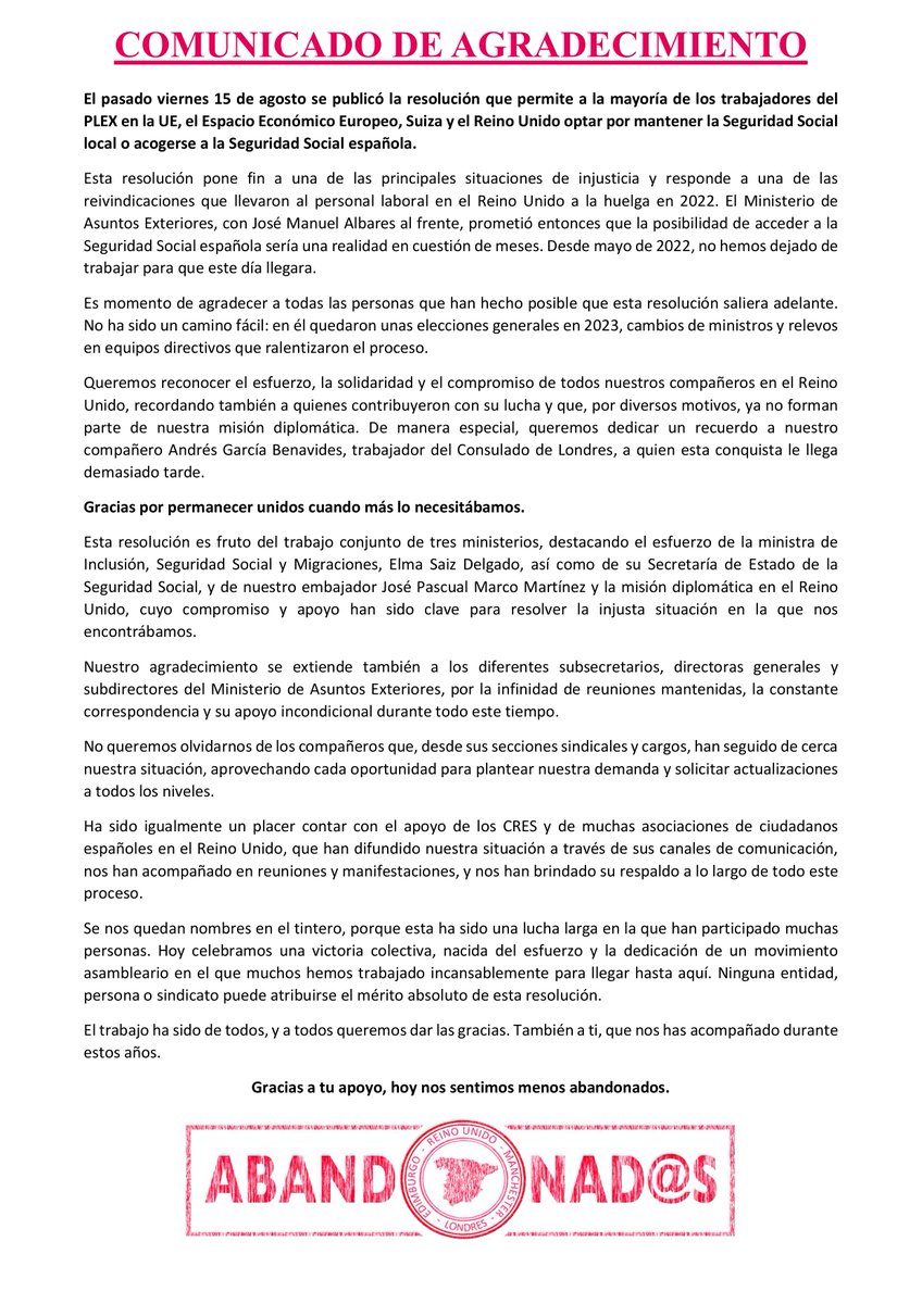 PlexReinoUnido's tweet image. 📢 COMUNICADO @PlexReinoUnido 

❗ GRACIAS ❗

#PLEX #SeguridadSocial #LuchaDeTrabajadores