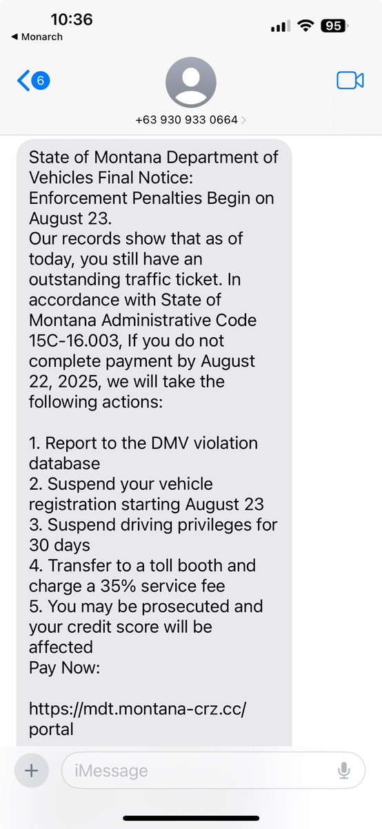 Phishing texts being sent claiming to be the State of Montana of an overdue traffic ticket. Don’t click on these links. Check the phone number which is clearly foreign and mark it as spam and report it. #mtnews