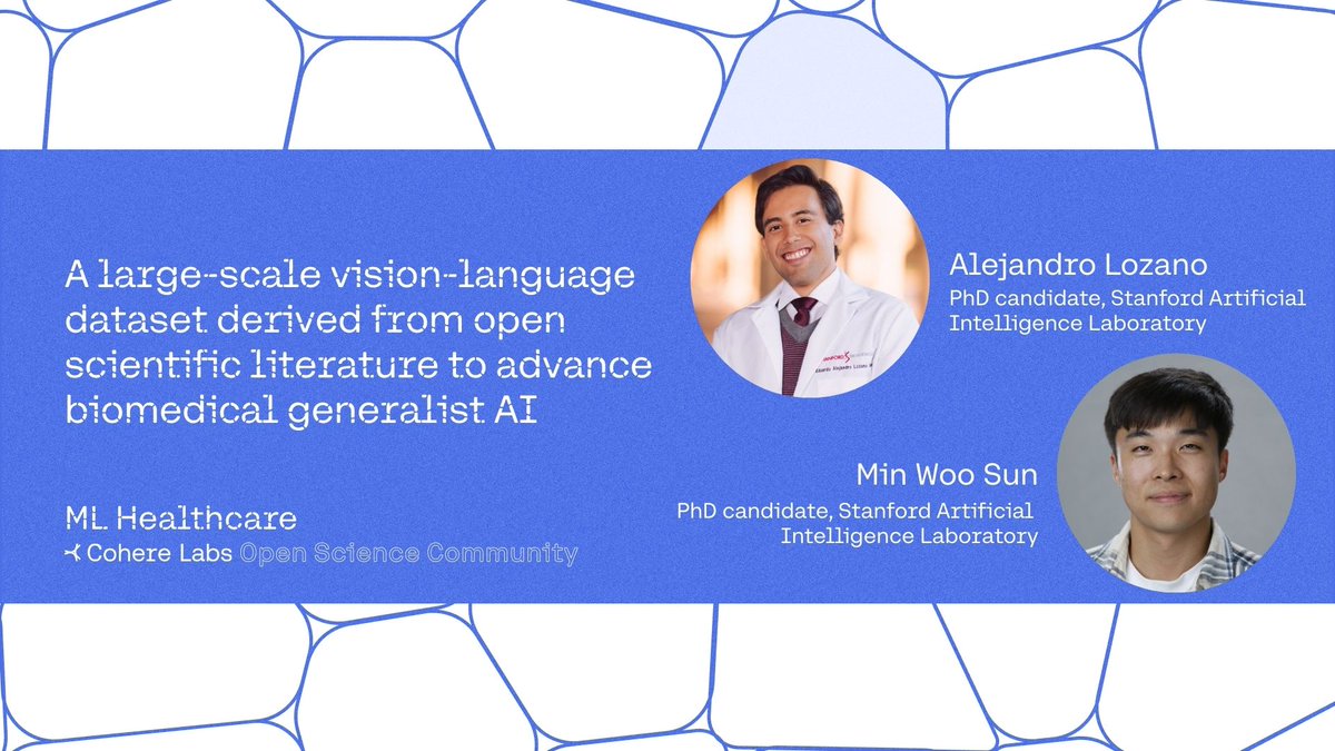 Our Open Science Community is thrilled to launch it's newest program, ML Healthcare! 🏥

This group will kick off on Friday, August 29th with a speaker session featuring <a href="/Ale9806_/">Alejandro Lozano</a> and <a href="/minwsun/">Min Woo Sun</a> for a session on "A large-scale vision-language dataset derived from open scientific