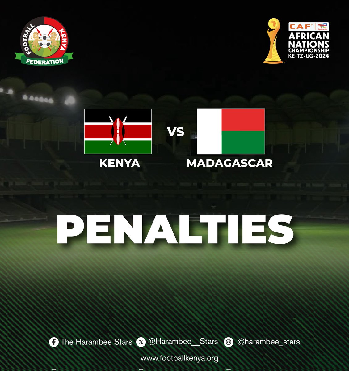 Harambee__Stars's tweet photo. 🇰🇪1-1 🇲🇬

We go to penalties 

#CHAN2024 #HarambeeStars #TotalEnergiesCHAN2024 https://t.co/XsHCYkCai3