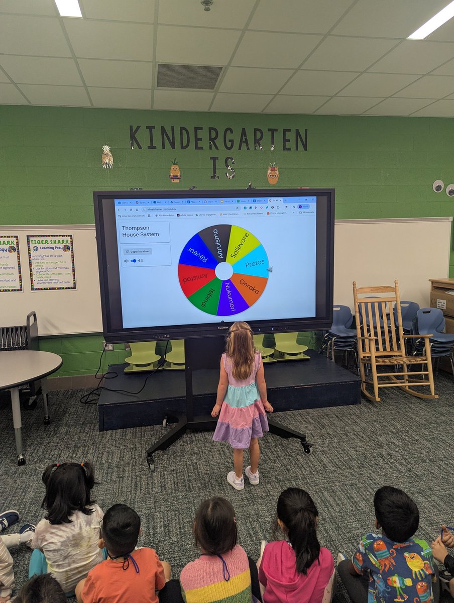 MrsMonarchclass's tweet photo. What a fun and exciting day in kindergarten! The students are thrilled as they take turns spinning the wheel to find out which house they'll belong to!! https://t.co/vshyxy16Pt