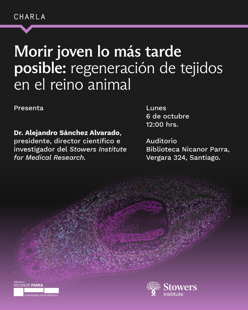 🗓️Te invitamos el 6 de octubre a las 12 PM a la charla "Morir joven lo más tarde posible: regeneración de tejidos en el reino animal" con el Dr. Alejandro Sánchez Alvarado, presidente, director científico e investigador del Stowers Institute for Medical Research🗣️

#UDP #Salud