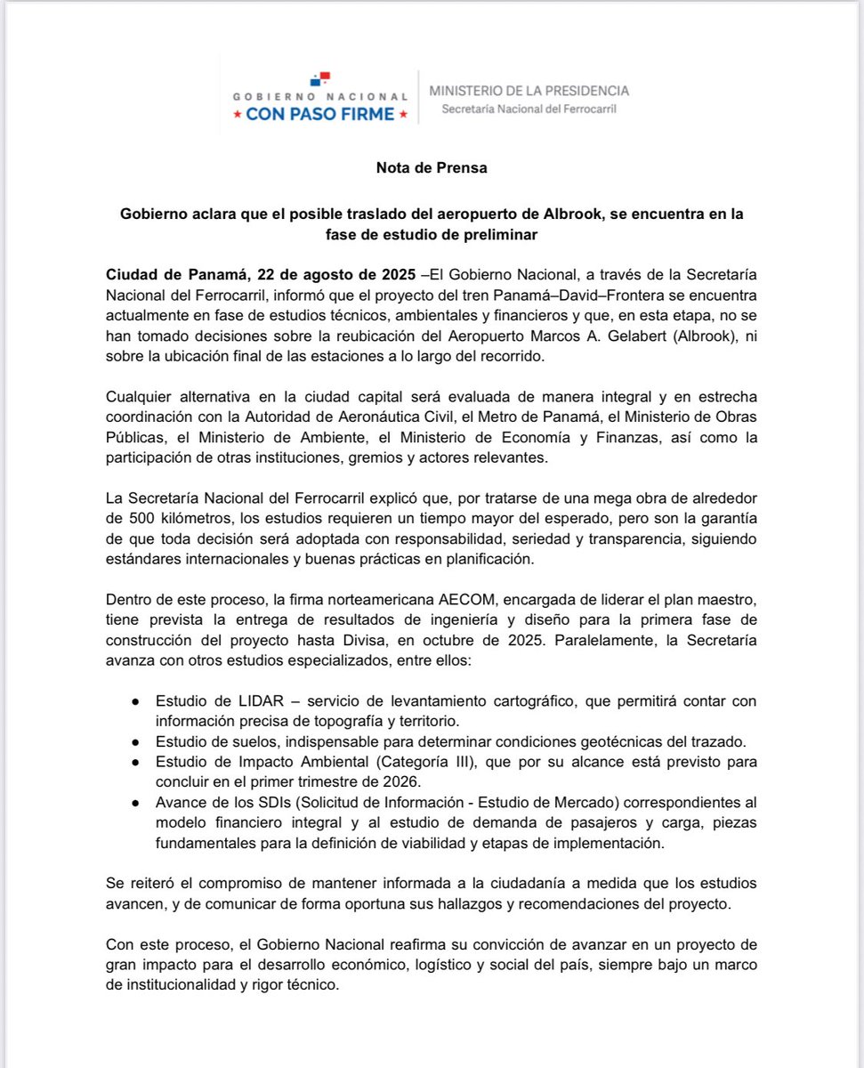 Gobierno aclara que no hay decisión del posible traslado del aeropuerto de Albrook; se está en la fase de estudios técnicos 

El Gobierno Nacional, a través de la Secretaría
Nacional del Ferrocarril, informa que el proyecto del tren Panamá–David–Frontera se encuentra,