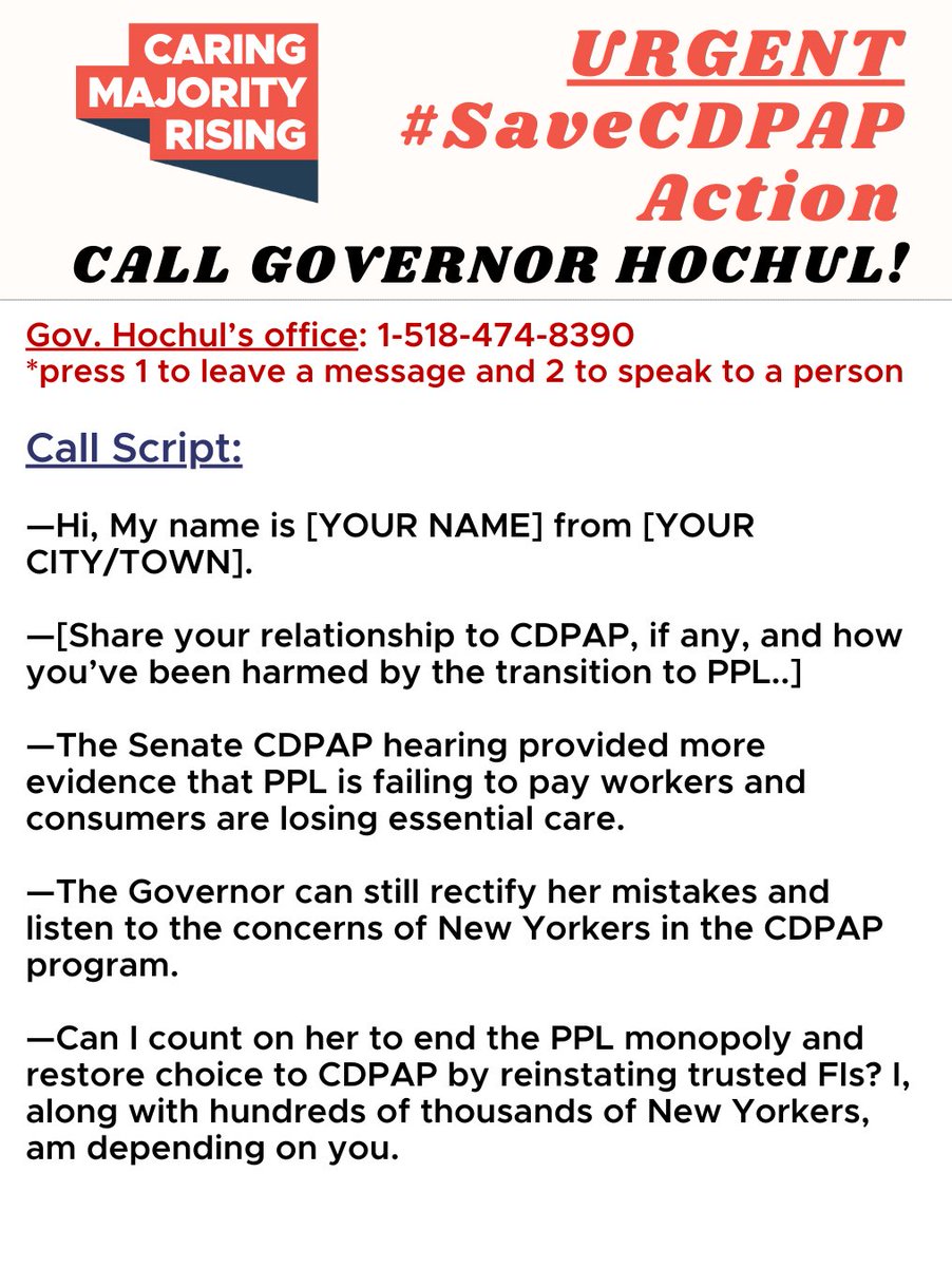 CaringMRising's tweet photo. Yesterday's State Senate Hearing on CDPAP exposed more of PPL's LIES. Now, we have an URGENT call-to-action #SaveCDPAP:
☎️Call @GovKathyHochul to demand she #SaveCDPAP, end the PPL monopoly, and restore consumer choice to this beloved & lifesaving program! https://t.co/396ubGP3EH