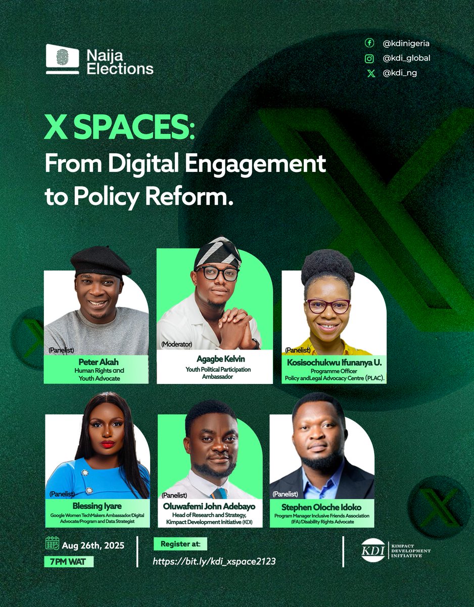 Kimpact_Global's tweet photo. From digital voices to real policy impact!

Join the conversation as we unpack how young Nigerians are using technology and civic tools to drive democratic reforms.

Date: August 26th, 2025
Time: 7 PM WAT

Register here: https://t.co/GxVrGzdH2C

Let’s transform civic engagement into lasting reform.

#CitizenParticipation
#YPP
#NaijaElections
#policyadvocacy
#electoralreform
#CivicEngagement