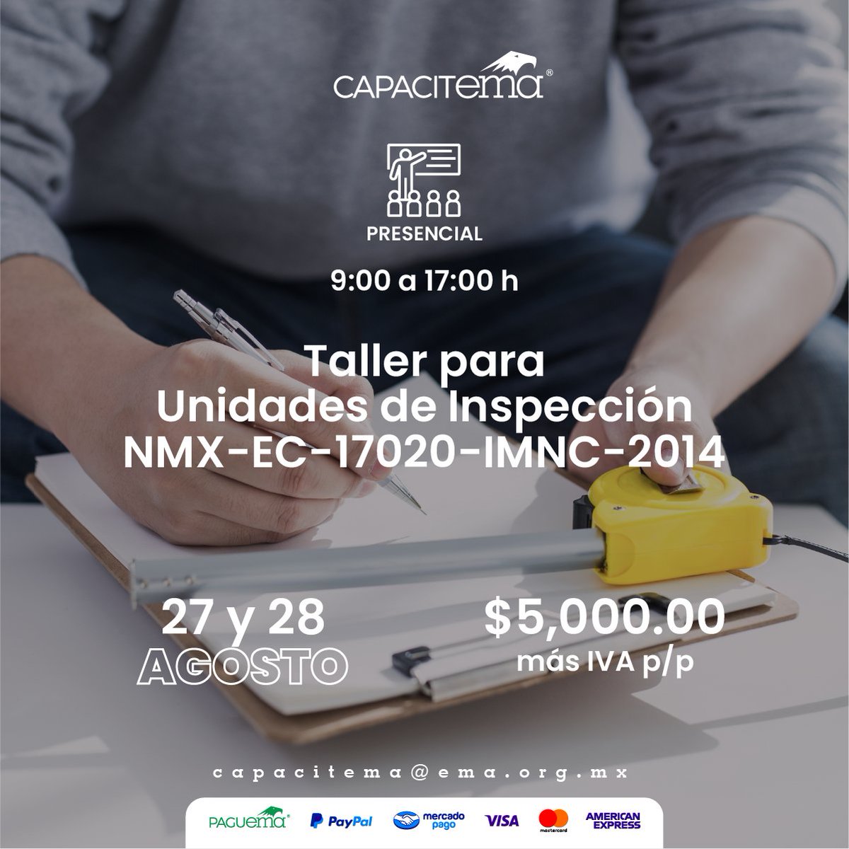 ✍️ Aprende de forma práctica los requisitos de la NMX-EC-17020-IMNC-2014 y fortalece la operación de tu Unidad de Inspección.
📅 27 y 28 de agosto | 📍 Presencial | ⏰ 9:00 a 17:00 h
🎓 Incluye constancia y material.
🔗 Regístrate aquí: ema.org.mx/portal_v3/inde…