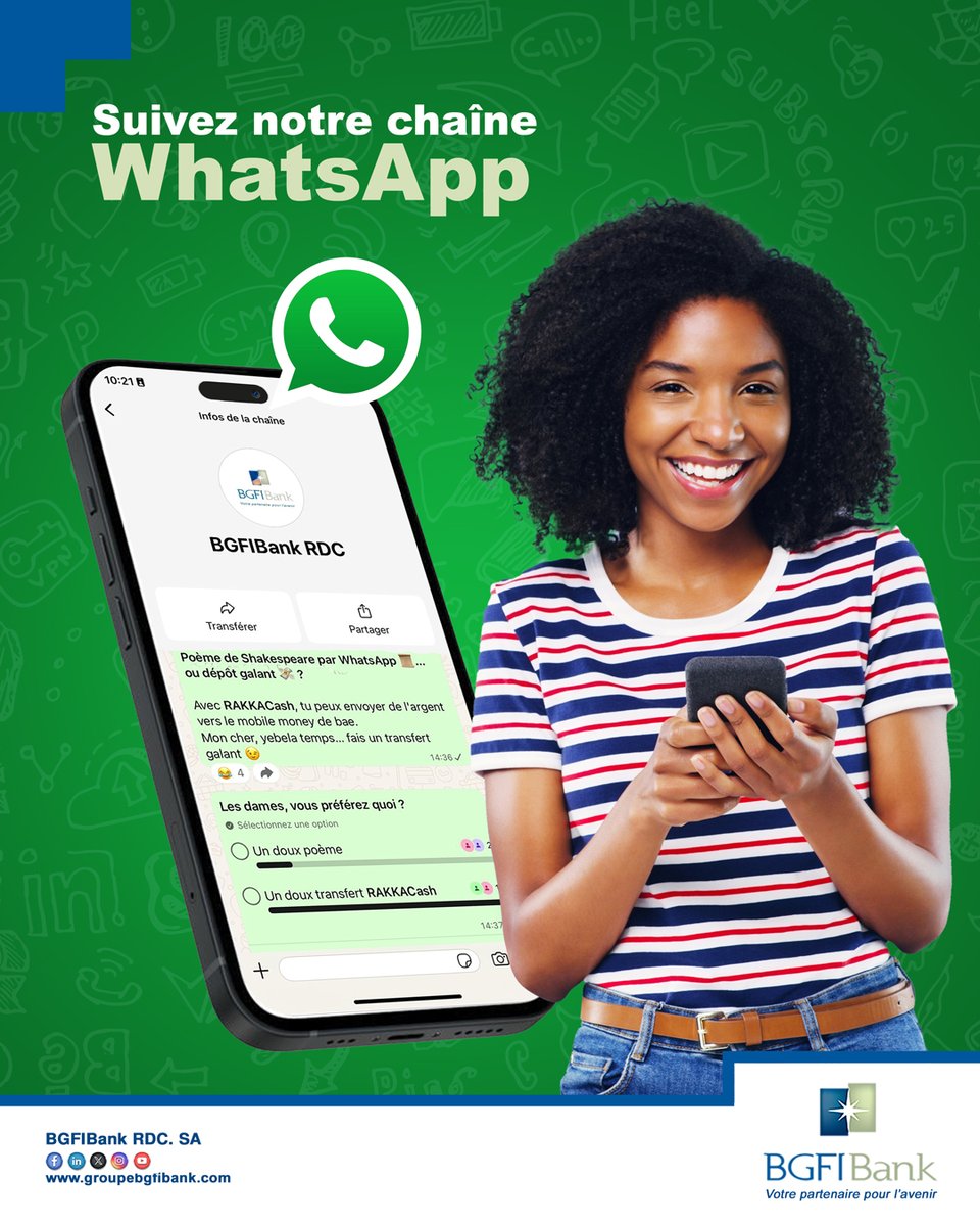 Recevez nos actualités, offres et promotions directement sur WhatsApp.
Rejoignez notre chaîne et soyez les premiers à réagir et profiter de nos surprises.

whatsapp.com/channel/0029Va…

#BGFIBankRDC #WhatsApp #Actualités #Channel #Chaine