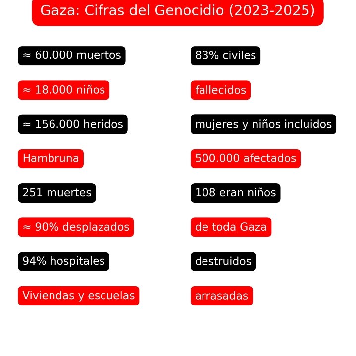 En unos años, cuando Gaza sea memoria de un genocidio y nuestros menores lo estudien como una de las mayores atrocidades de la Historia, muchos tendréis que tener el valor de mirarlos a los ojos y decirles que lo apoyasteis y jaleasteis. 
Que en ese momento la vergüenza os devore