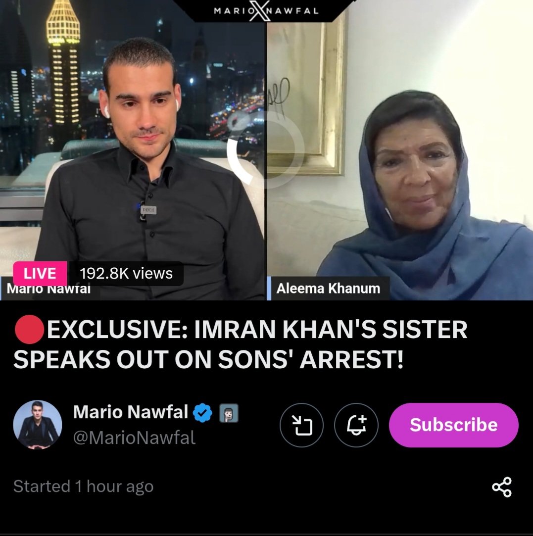 دنیا بھر سے ایک لاکھ بانوے ہزار سے زائد افراد نے علیمہ خانم کو ماریو نوفل کے ساتھ براہ راست گفتگو کرتے ہوئے دیکھا۔

انہوں نے بے باکی سے ہر موضوع پر بات کی؛ عمران خان پر تین قاتلانہ حملوں سے لے کر اپنے بیٹوں کے اغوا تک، خان کے قانون کی حکمرانی اور انسانی حقوق کے مطالبے سے لے کر