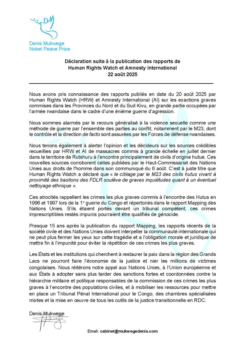 Denis Mukwege (@denismukwege) on Twitter photo Déclaration suite à la publication des rapports de
Human Rights Watch et Amnesty International
__________________________
Nous avons pris connaissance des rapports publiés en date du 20 août 2025 par Human Rights Watch <a href="/hrw/">Human Rights Watch</a> et <a href="/amnesty/">Amnesty International</a> International (AI) sur les exactions Déclaration suite à la publication des rapports de
Human Rights Watch et Amnesty International
__________________________
Nous avons pris connaissance des rapports publiés en date du 20 août 2025 par Human Rights Watch <a href="/hrw/">Human Rights Watch</a> et <a href="/amnesty/">Amnesty International</a> International (AI) sur les exactions