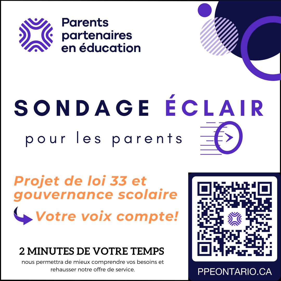 Parents, on veut vous entendre! 
Le projet de loi 33 pourrait changer la façon dont nos conseils scolaires francophones sont gérés.

Répondez à notre sondage éclair (moins de 2 minutes) et aidez PPE à mieux représenter la voix des parents.
fr.surveymonkey.com/r/Projet-Loi33