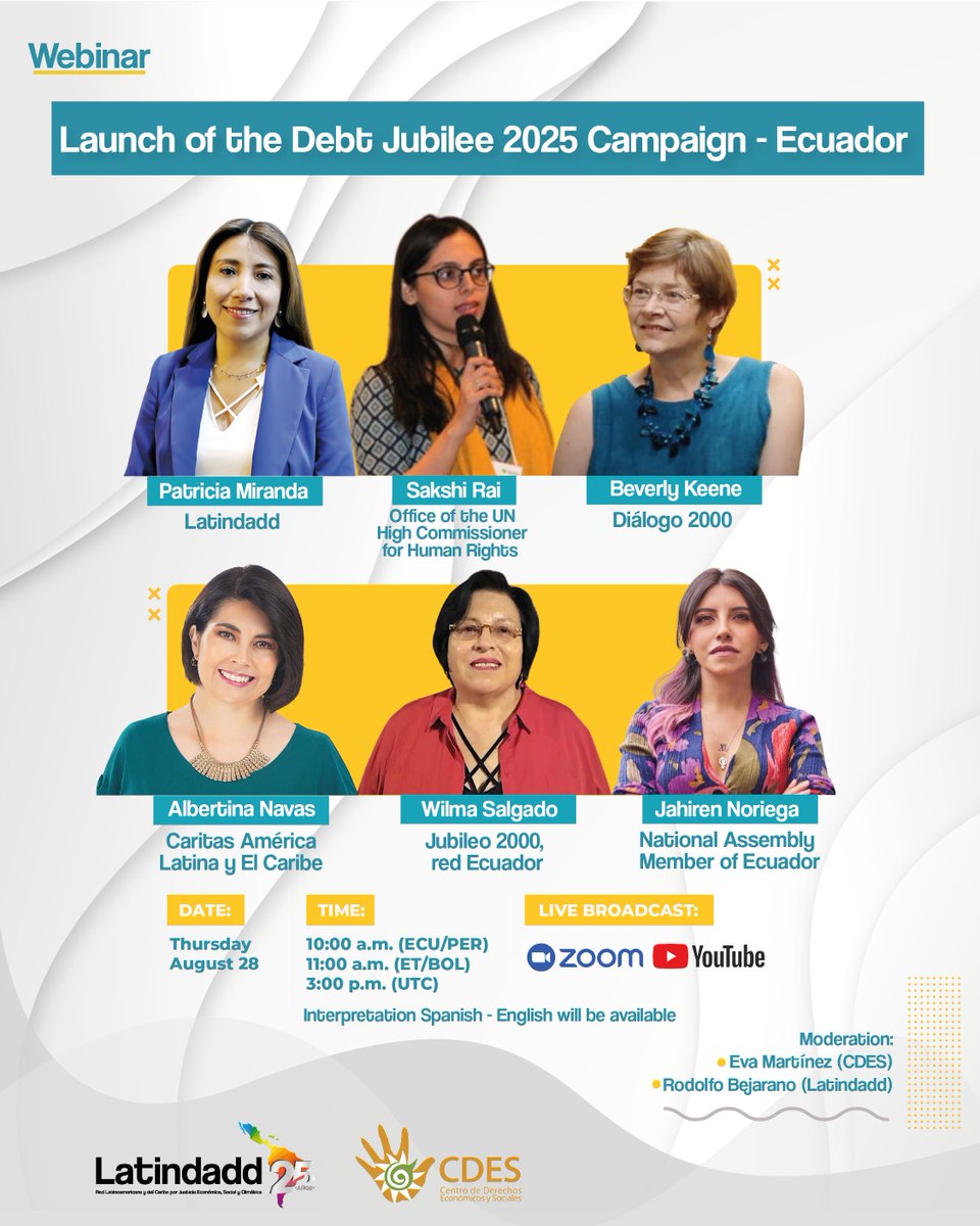 📢 The Debt Jubilee 2025 Campaign emerges to challenge a system that turns debt into a mechanism of subordination.
🌎 For economic, social and environmental justice.
⚖️ For the sovereignty of peoples.

👉 Join our webinar: bit.ly/4mkCuvA

#DebtJubilee2025 #LifeOverDebt