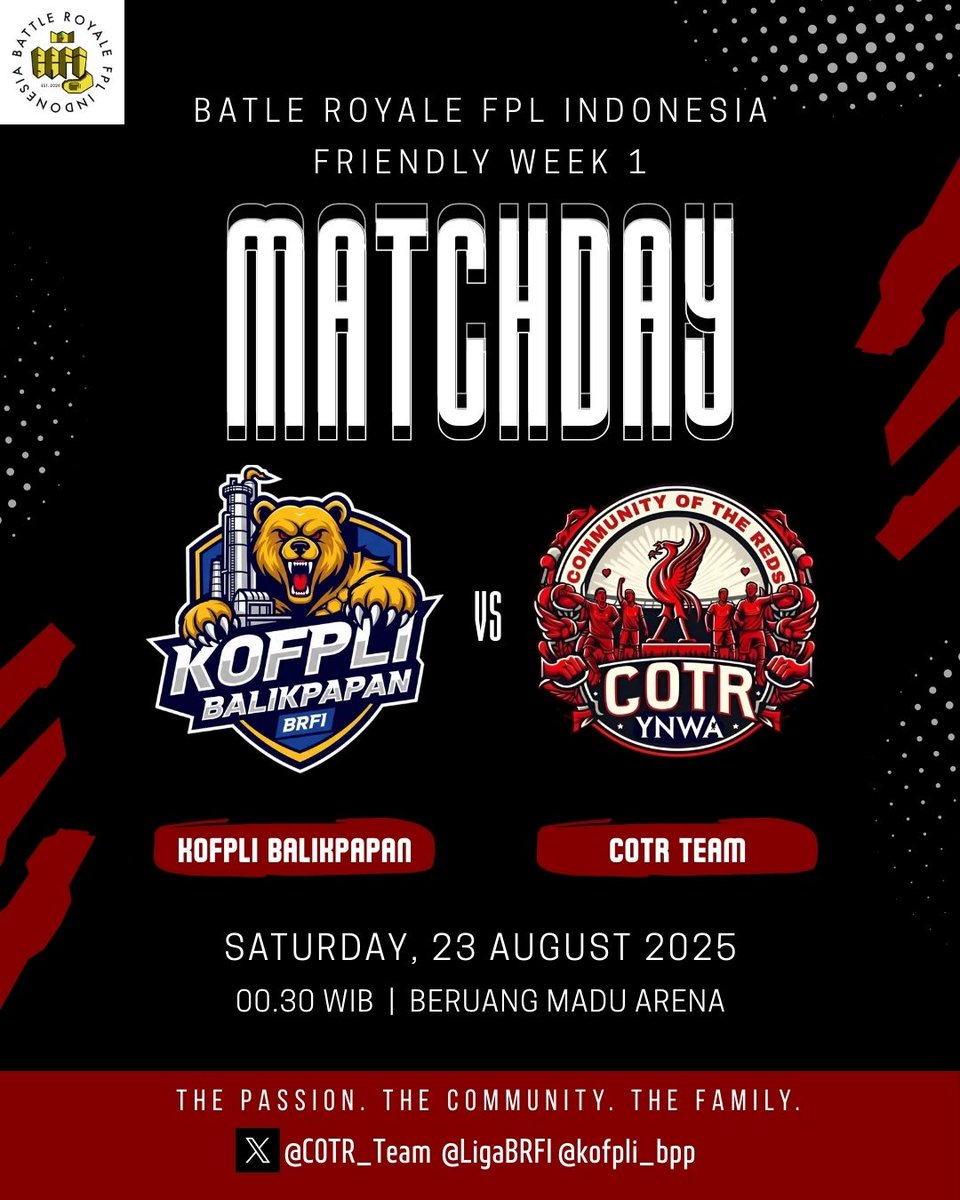 Friendly apakah akan fun? 😀⚔️🔥
Harus bertandang jauh ke sebrang pulau ke kandang tim <a href="/kofpli_bpp/">KoFPLI Balikpapan</a>. Pertandingan akan disiarkan langsung oleh BRFITV <a href="/LigaBRFI/">Battle Royale FPL Indonesia</a> dari beruang madu arena.
#FPL #fplindonesia #YNWA #YNWA20 #JFT97 #UpTheReds #fplcommunity #GoCotrGo