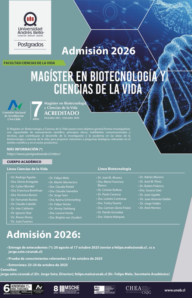 🚀 Ya están abiertas las postulaciones al Magíster en Biotecnología y Ciencias de la Vida (UNAB) – Admisión 2026.

📅 Postulación abierta hasta el 17/10/2025
📝 Prueba: 21/10/25
👥 Entrevistas: 23–24/10/25

Más info 👉 postgradounab.cl/mbcv/
Consultas: <a href="/felipe_melo/">Felipe Melo González</a>