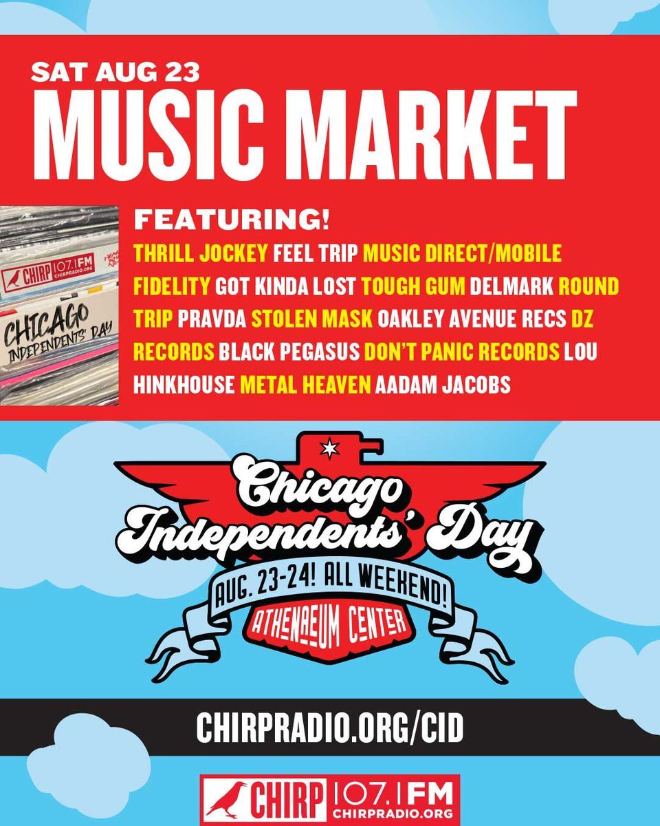 Chicago Independents' Day starts TOMORROW at the <a href="/AthenaeumCenter/">Athenaeum Center for Thought & Culture</a>!

***Show this ad (or any CID ad) at the door and you get in FOR FREE!***

We kick things off with a label and vinyl market from 12-5pm. 

Be there at noon to get the best selection from our labels &amp; vinyl vendors!