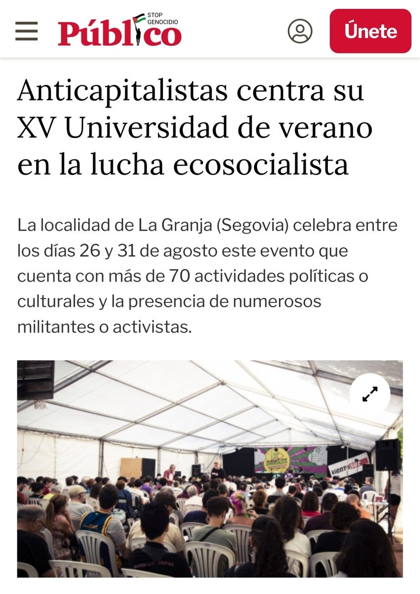 Pronto comenzará la XV Universidad de Verano Anticapitalista: 5 días, 70+ actividades, donde el ecosocialismo será el eje central. 

🗞️ Noticia <a href="/publico_es/">Público</a>: publico.es/politica/parti… 

🎟️ Programa e inscripciones: unianticapi.info #Ecosocialismo #UniversidadAnticapitalista