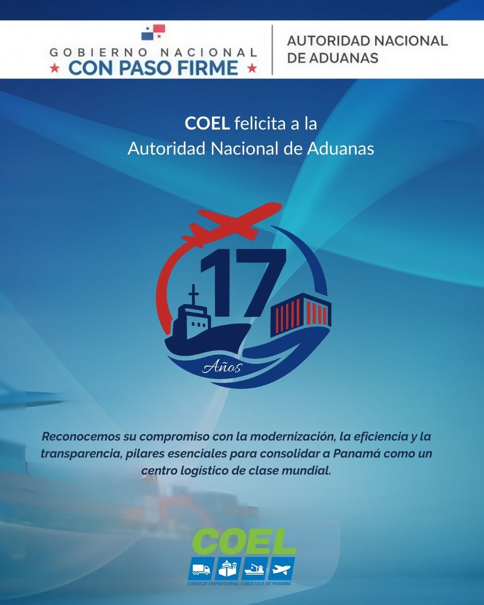 COEL felicita a la Autoridad Nacional de Aduanas
El Consejo Empresarial Logístico (COEL) extiende sus felicitaciones a la Autoridad Nacional de Aduanas de Panamá en el marco de su aniversario.