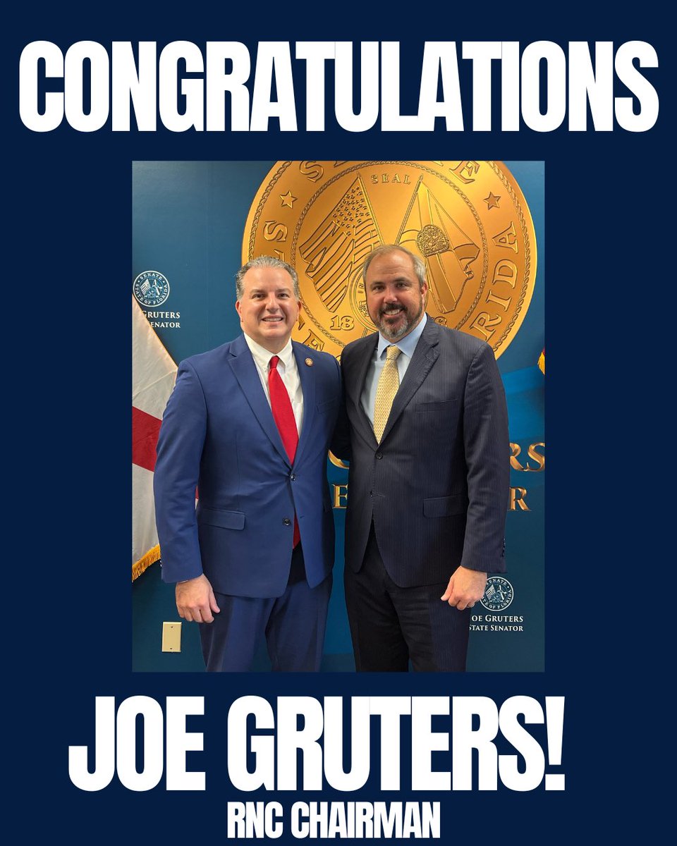 Jimmy Patronis (@jimmypatronis) on Twitter photo Congratulations to my friend <a href="/JoeGruters/">Joe Gruters</a> on being elected Chairman of the Republican National Committee! Joe has been a tireless conservative leader for Florida, and now he’ll bring that same energy and vision to the national stage. Excited to see him fight for our values and Congratulations to my friend <a href="/JoeGruters/">Joe Gruters</a> on being elected Chairman of the Republican National Committee! Joe has been a tireless conservative leader for Florida, and now he’ll bring that same energy and vision to the national stage. Excited to see him fight for our values and