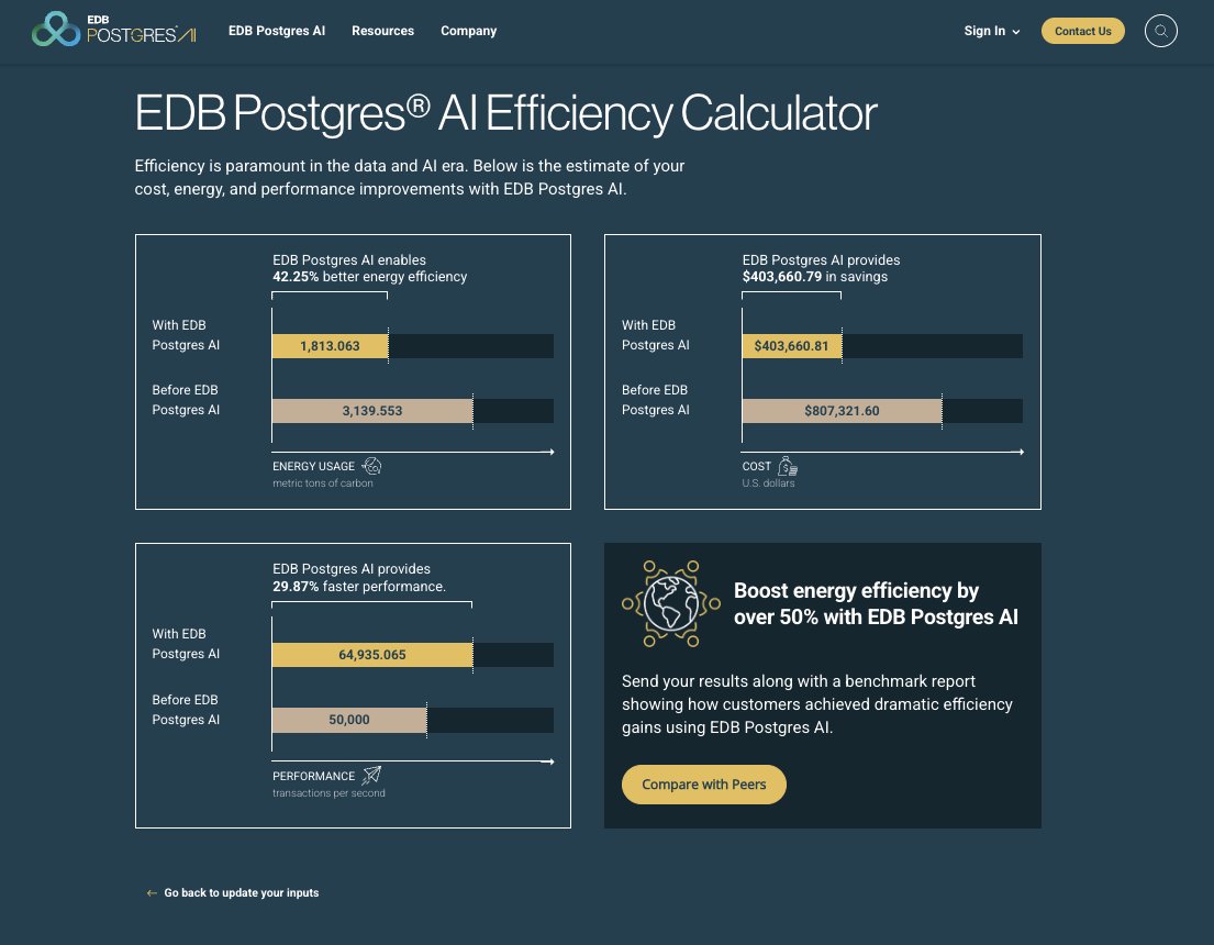 EDBPostgres's tweet image. #AI won’t scale if energy and cost keep climbing. With the #EDBPostgresAI Efficiency Calculator, enterprises can see in real time how much faster, greener, and more affordable their infrastructure could be.
Try it yourself 👉 enterprisedb.com/calculator/eff…