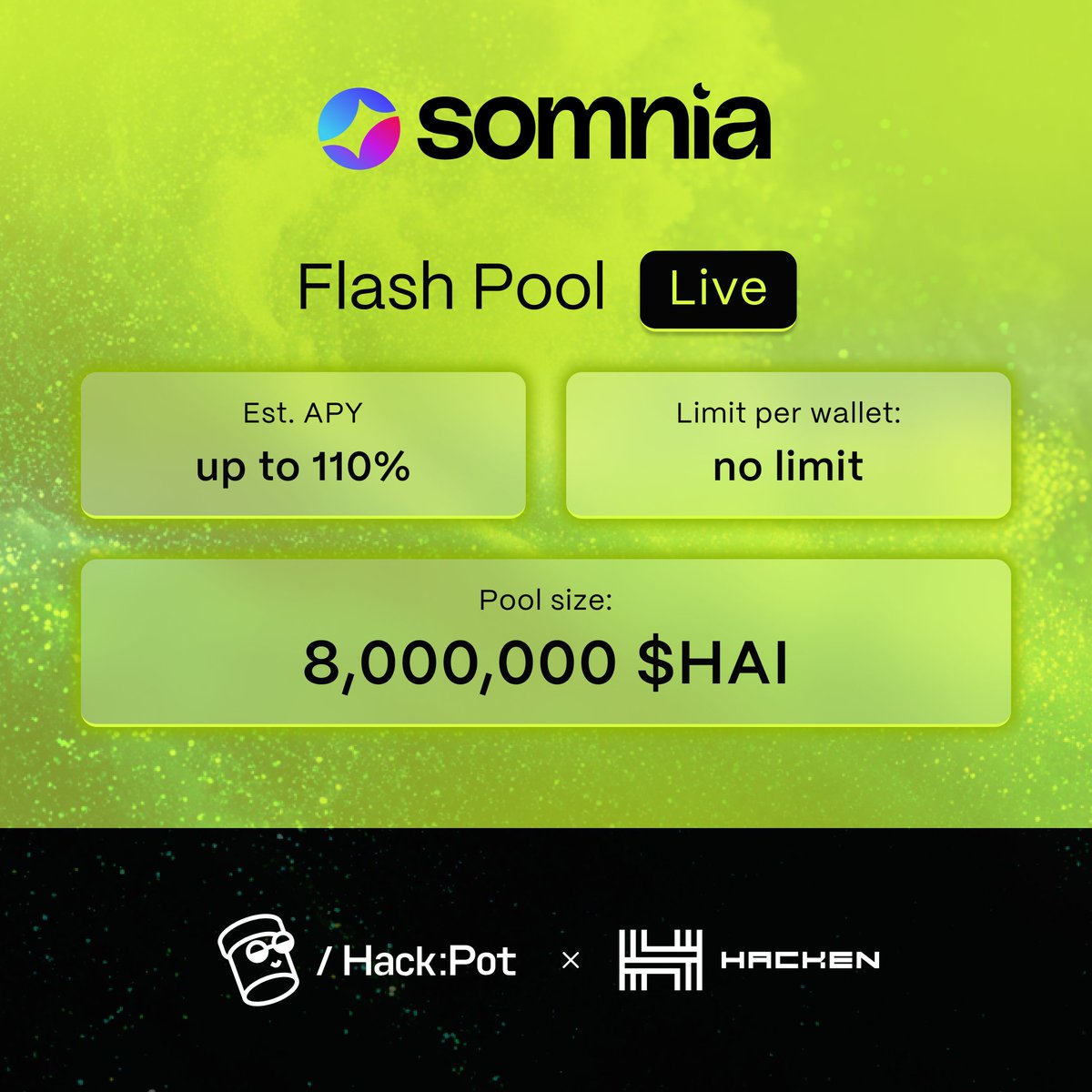 🚨 New Flash Pool from <a href="/Somnia_Network/">Somnia</a>!
🔒 27-days lock period 
📷 Stake your $HAI and get up to 110% APY
💰 No wallet limits!