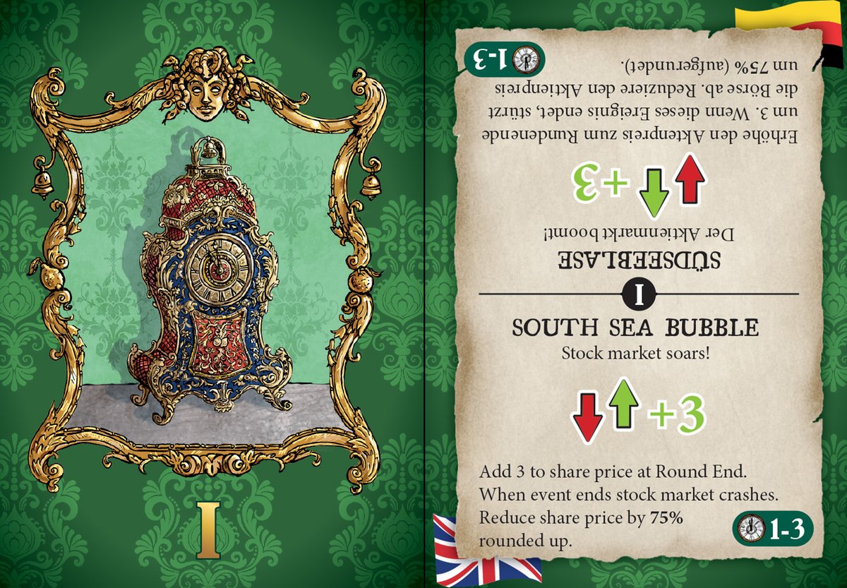 In Oranges and Lemons: Here Comes a Candle we introduce variable duration Event cards.  Here is one. There are two sets. Deck I is for pre ship-change and II is for the post ship change phase. The duration of this event (South Sea Bubble) is 1 to 3 rounds. medusagames.co.uk/herecomesacand…