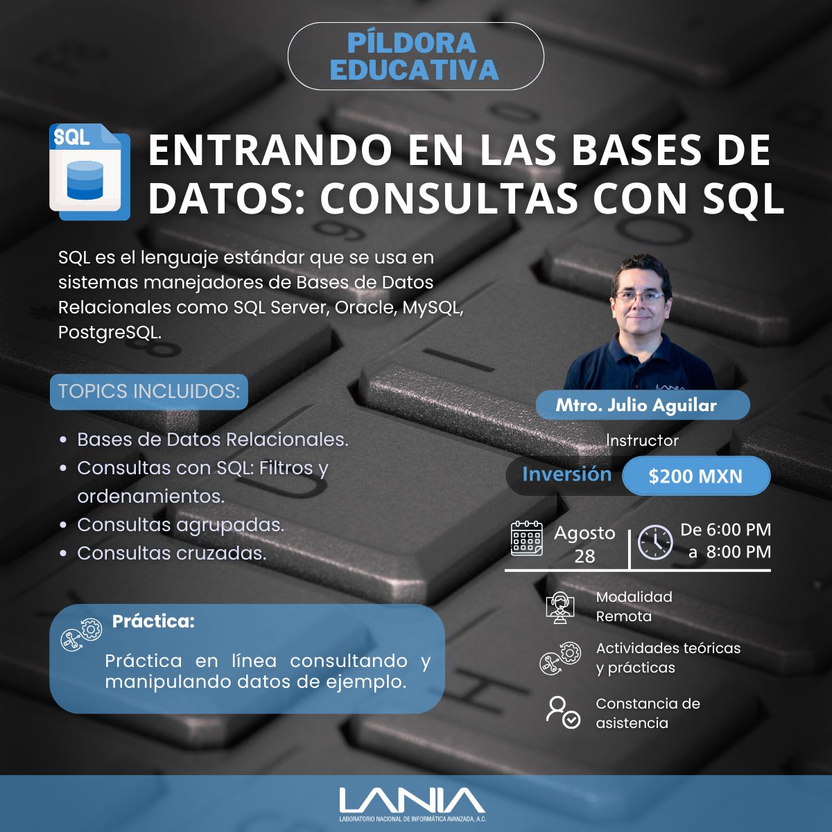 lania_mx's tweet image. ¡Iníciate en el mundo de las bases de datos y explota tus datos de mejor manera! 💻
Píldora exclusiva | SQL | Agosto 28 | $200.00 MXN
#SQL #SQLServer #sqldatabase #SQLChallenge #sqldeveloper #basesdedatos #datos #datos #yoSoyLANIA