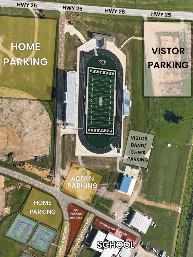 🚗🏈 Attention Panther Fans!
Make note of our parking arrangements for all home football games this 2025-2026 season. This is additional graphic. Please only park in the grass by the tennis courts and not around the school.