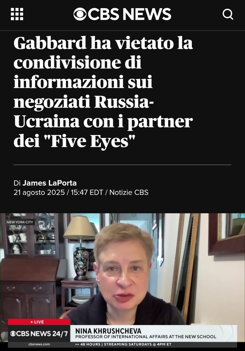 UCRAINA: IL RITIRO DEGLI STATI UNITI STA GIÀ AVENDO LUOGO

In italiano:
facebook.com/share/p/1KEHKd…

Info Defense:
it.infodefense.press/2025/08/22/gli…

CBS NEWS:
cbsnews.com/news/gabbard-b…